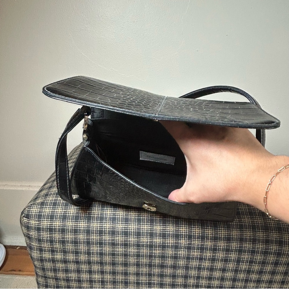Black Croc Embossed Shoulder Bag Faux Leather Flap Closure Evening Purse‎ - Picture 6 of 6